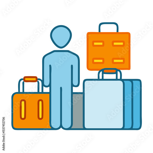 Traveler with luggage at airport customs. Person with multiple bags awaits baggage check at airport security.  Passenger and suitcases at customs checkpoint.