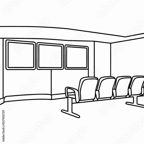 Modern waiting area with comfortable chairs and informational screens. Stylish waiting room design features rows of seating and multiple displays providing updates and entertainment.