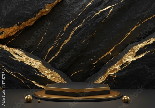 Elegant black and gold hexagonal display platform