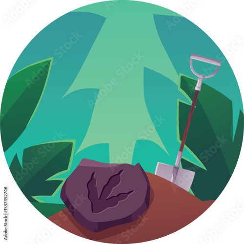Rune with dinosaur footprint old trace, tropical forest and shovel for archeology digging vector flat in round frame