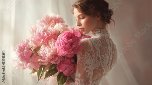 Beautiful Woman Holding Pink Peony Bouquet in Soft Light During a Bridal Prep...