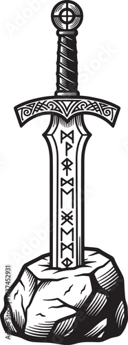 Black and White Sword in Stone Rune Design runes