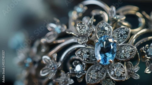 Intricate silver jewelry design featuring a blue gemstone in a detailed floral pattern, showcasing craftsmanship and elegance