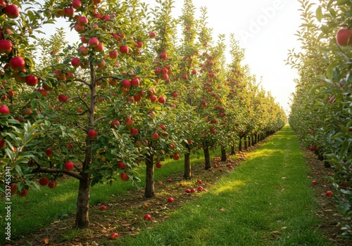 Rows of apple trees laden with ripe red apples in an orchard