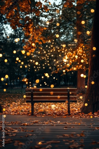 Wooden Bench Surrounded by Glowing Lights in an Autumn Forest Setting.