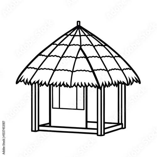 Beach hut with rustic thatched roof in tropical setting on white background Line art