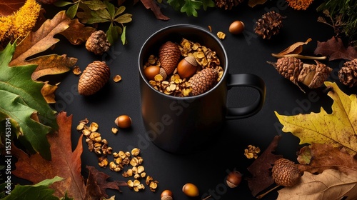Autumn Theme With Natural Elements Arranged Around a Black Mug Filled With Pi...