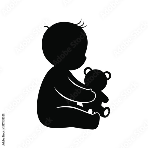 Baby with Teddy Bear Silhouette Cute Infant and Toy Vector Illustration
