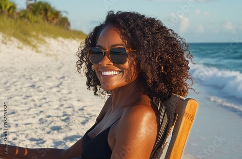 Smiling Woman Enjoying a Sunny Day at the Beach With Sun Glasses and Natural ...