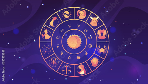 Zodiac wheel on starry sky, space background, horoscope signs vector illustration, twelve astrological symbols