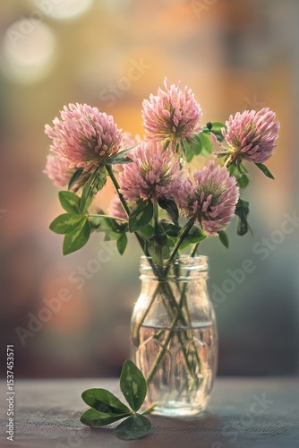 Freshly Picked Clover Flowers in a Clear Glass Vase on a Wooden Table During ...