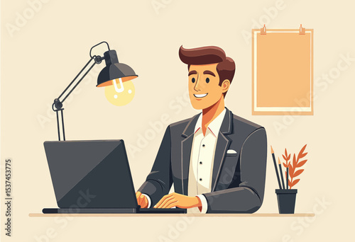 A smiling man in a suit is seated at a desk, working on a laptop with a lamp above it. To the right, there is a plant and a piece of paper hanging on the wall.