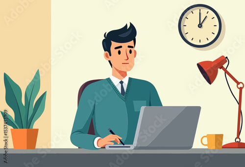 a man seated at a desk, engrossed in work on a laptop, with a potted plant to his left and a clock on the wall to his right.