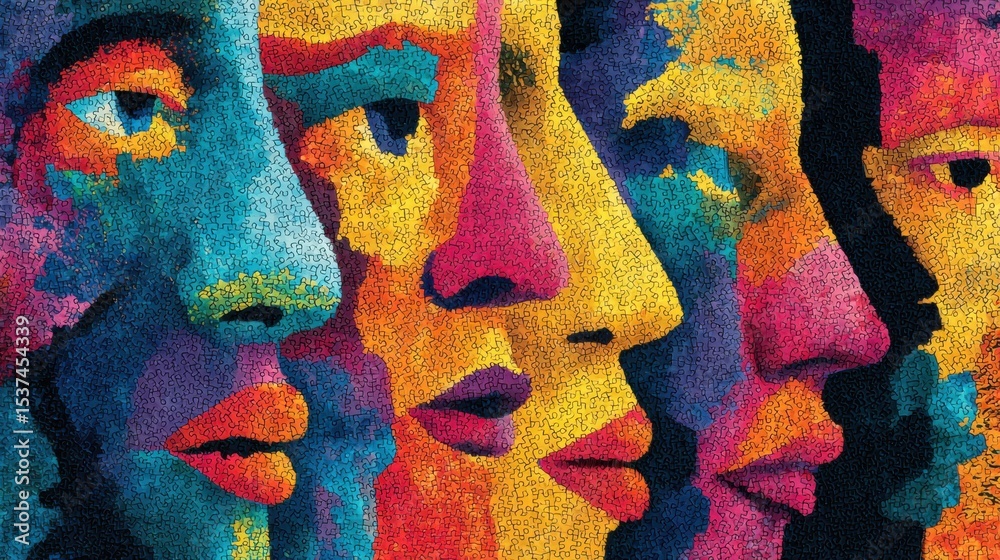 Obraz premium This artwork features a line of faces in vivid colors and contrasting tones, depicting a variety of emotions and expressions. The intricate details create a striking visual experience.