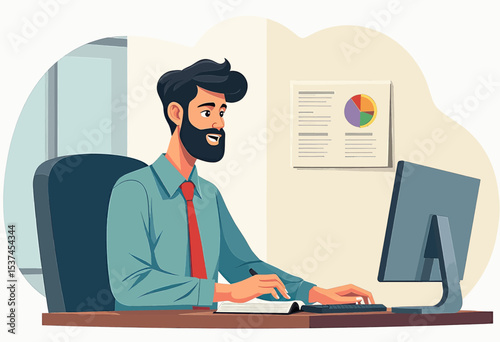 A man with a beard is sitting at a desk, working on a computer with a document and a pie chart displayed on the wall behind him.