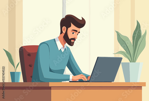 A man with a beard is sitting at a desk, focused on working on a laptop, with a potted plant to his right and a window in the background.