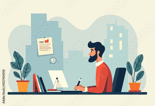A man with a beard is seated at a desk, working on a laptop with a pen in hand, surrounded by potted plants and a city skyline in the background.