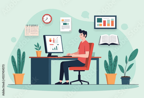 An illustration depictingA man working at a desk with a computer, surrounded by office supplies, plants, and a clock on the wall.