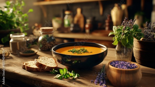 Warm Soup Served With Fresh Herbs and Toasted Bread in a Rustic Kitchen Setting.