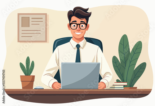 A smiling man in glasses is seated at a desk, working on a laptop, with a potted plant and books in front of him, and a framed document on the wall behind him.