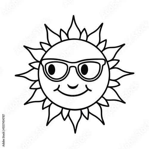 Bright sun wearing cool sunglasses shining warmly on white background Line art
