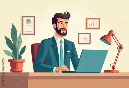 A man in a suit is seated at a desk, working on a laptop with a lamp beside him. The background features a plant, a plant pot, and framed graphs on the wall.