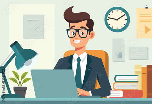 a man in a suit and glasses seated at a desk, working on a laptop with a smile on his face. The desk is surrounded by books and a plant, and a clock is visible on the wall.