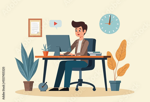 A man is seated at a desk, working on a computer with a clock on the wall behind him. The room is decorated with potted plants and a framed document, and there are speech bubbles.