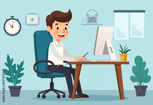 A cheerful man is seated at a desk, working on a computer with a smile on his face, surrounded by potted plants and a clock on the wall.