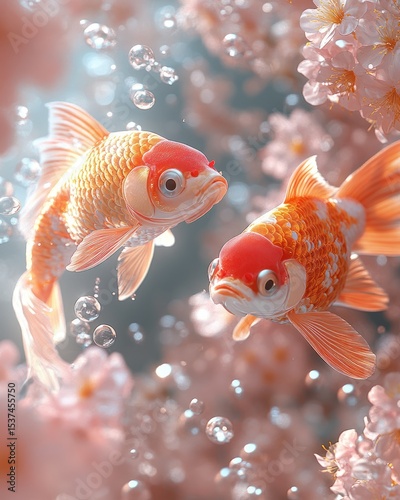 Two golden fish amidst pink blossoms and bubbles