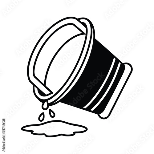 Colorful beach bucket spilling sand on warm sandy beach on white background Line art