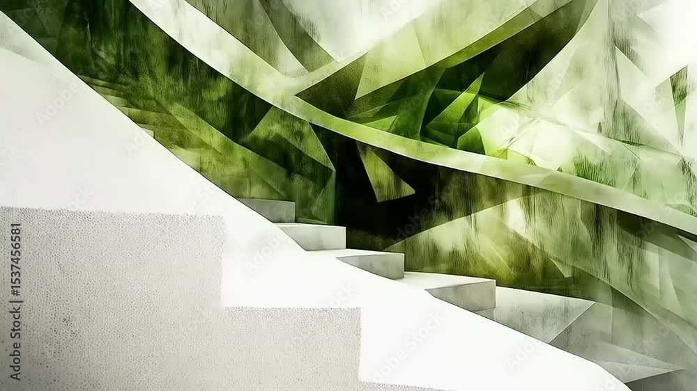 Abstract architectural staircase art, ascending towards a green geometric realm