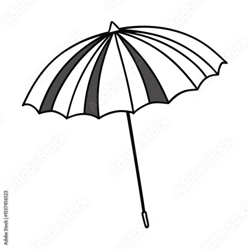 Colorful beach umbrella providing shade on sunny beach day on white background Line art