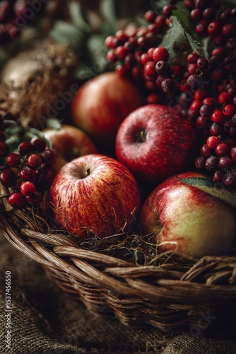 Fresh Apples and Berries in a Rustic Basket Displayed on a Textured Surface