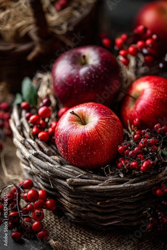 Fresh Apples and Berries Arranged in a Rustic Basket With Greenery Representi...