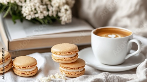 Enjoying Sweet Macarons and Coffee While Relaxing With a Good Book.