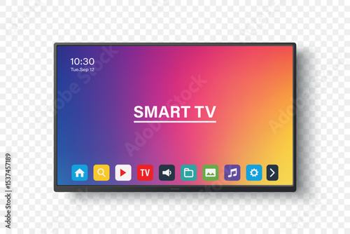Vector 3d Realistic Smart TV Interface with Apps on Screen. Flat Smart Television Mockup with Remote App Icons, Colorful Home Media Display, Streaming Dashboard, Smart Display Panel, Modern TV