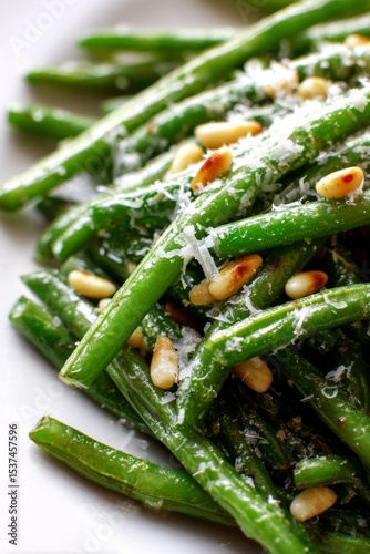 Healthy Green Bean Salad With Pine Nuts and Parmesan Served in a Bowl.