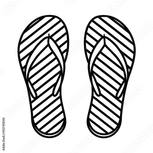 Flip flops with striped pattern laid out for summer fun on white background Line art