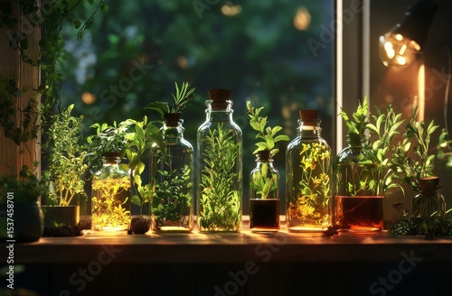 Herbs and Plants Arranged in Glass Jars on a Wooden Table During Evening Hours