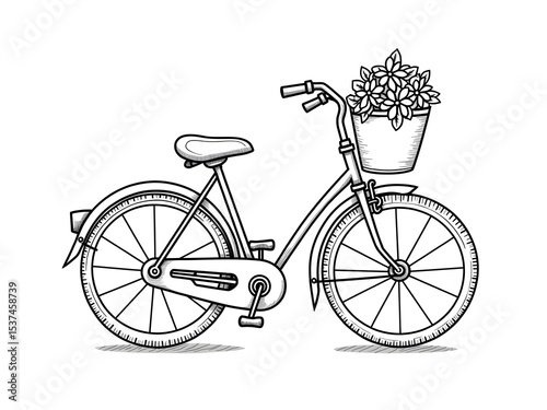 Bicycle basket plant sketch in black white illustration coloring page