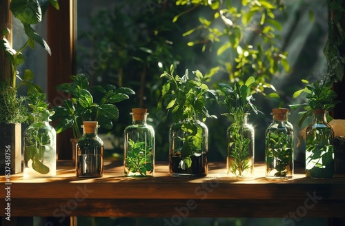 Herbs and Plants Arranged in Glass Jars on a Wooden Table During Evening Hours.