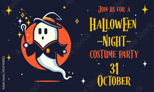 Happy Halloween party greeting card. Halloween background with ghost. Halloween banner. Poster with ghost. Halloween design. Halloween night seen. Halloween flyers vector illustration. Festive flyer