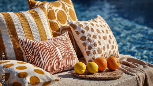 Colorful Decorative Pillows and Fresh Fruits by a Poolside During the Afternoon.