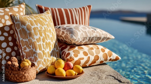 Decorative Cushions and Fresh Fruits Arranged by a Calm Poolside in a Sunny O...