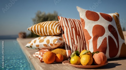Decorative Cushions and Fresh Fruits Arranged by a Calm Poolside in a Sunny O...