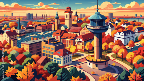 Autumn aerial cityscape of Mannheim city, Baden-Württemberg, Germany. Friedrichsplatz with the Mannheim Water Tower (Wasserturm) in the foreground. Very beautiful