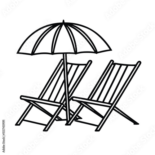 Pair of beach chairs under umbrella waiting for relaxation on white background Line art