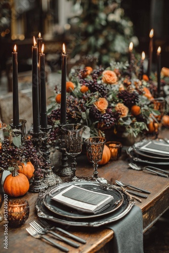 Elegant Autumn Table Setting With Candles and Seasonal Decor for a Festive Ga...