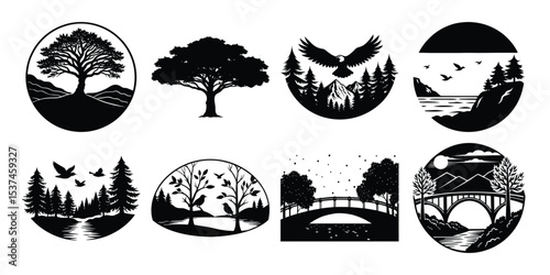 Silhouettes of nature scenes on white background